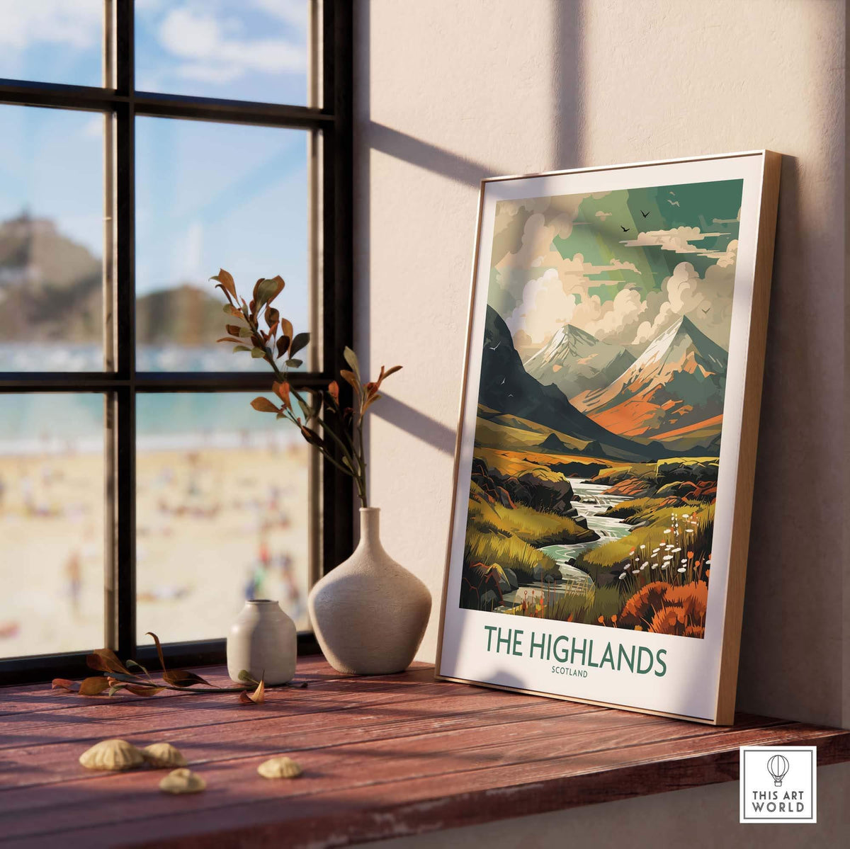 Scottish Highlands art print displayed in a stylish interior, showcasing vibrant scenery and modern design elements.