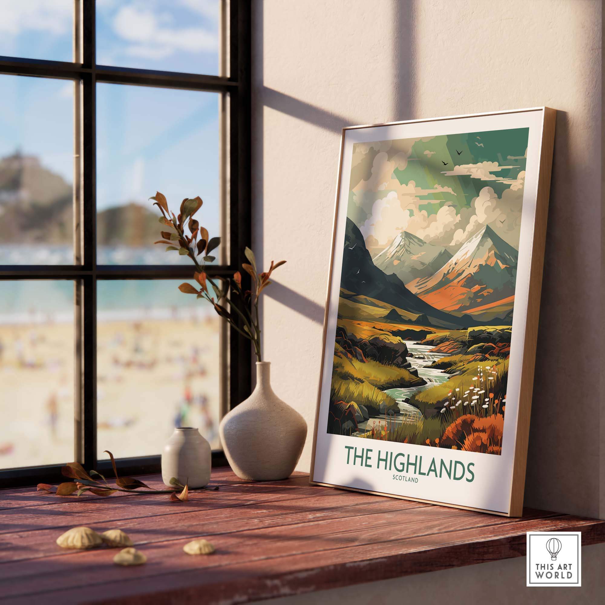 Scottish Highlands art print displayed in a stylish interior, showcasing vibrant scenery and modern design elements.