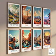 Collection of travel art prints featuring landscapes of the Scottish Highlands, Paris, Florence, Tokyo, and more.
