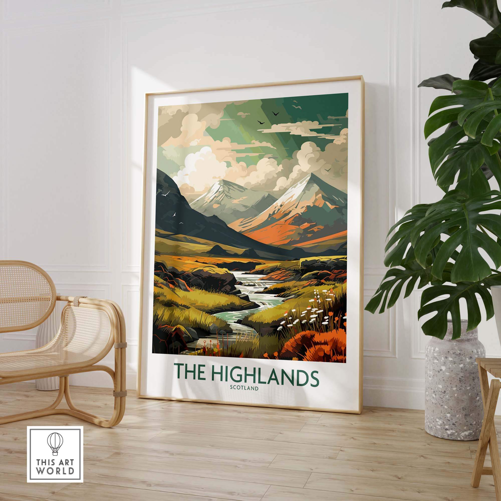 Scottish Highlands art print featuring vibrant landscapes and mountains, perfect for modern home decor.