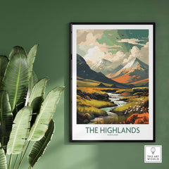 Scottish Highlands art print featuring mountains and a river, perfect for modern home decor.