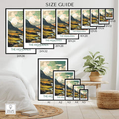 Size guide for Scottish Highlands art print showcasing various frame sizes and a natural setting.