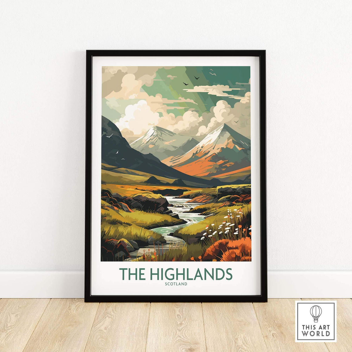 Scottish Highlands art print featuring vibrant landscapes and mountains, showcasing the beauty of Scotland in modern style.