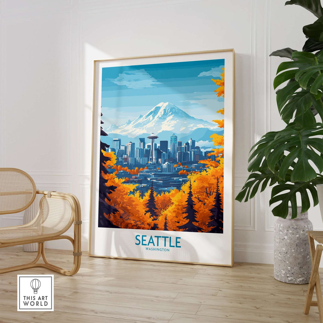 Seattle landmark poster art featuring Mount Rainier and city skyline framed in a stylish interior setting.