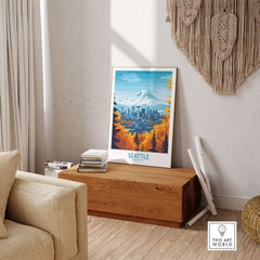 Seattle Prints - Washington Landmark Poster Art featuring a colorful Seattle skyline with Mount Rainier.