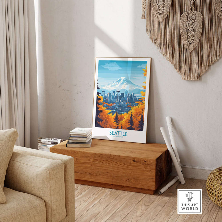 Seattle Prints Washington Landmark Poster Art showcasing the city skyline and Mount Rainier in a stylish home setting.