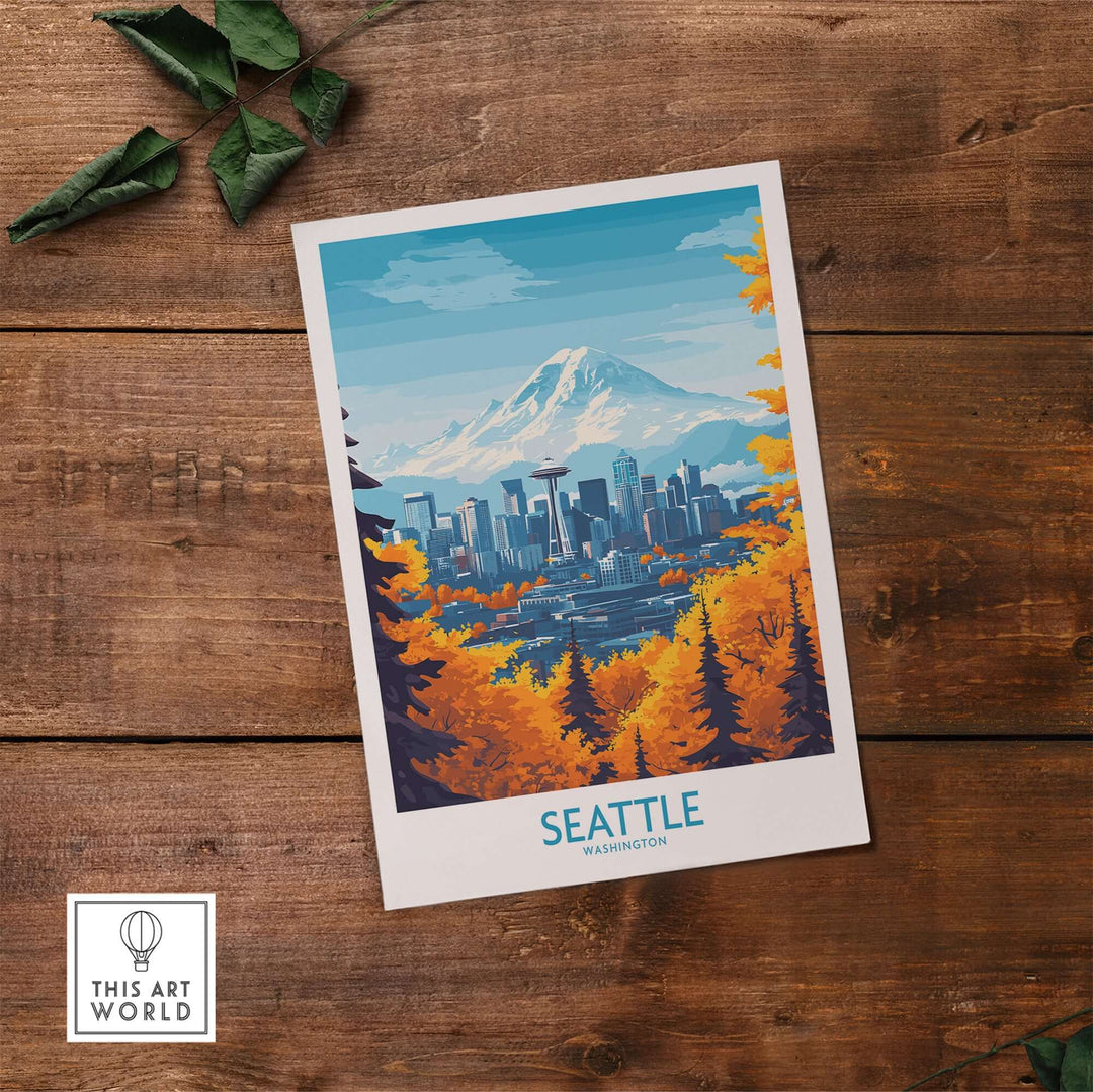 Seattle poster art featuring iconic skyline and Mount Rainier, perfect for home decor.