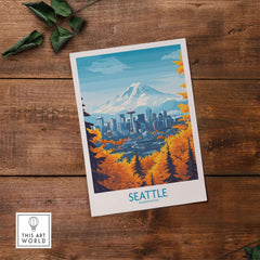 Seattle Prints - Washington Landmark Poster Art showcasing the iconic Seattle skyline with Mount Rainier.