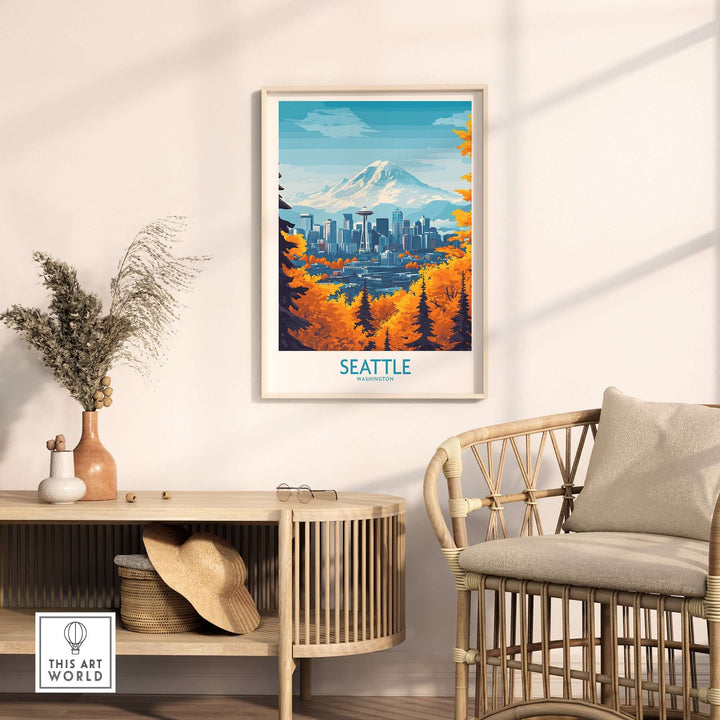 Seattle Prints featuring iconic landmarks and Mount Rainier, beautifully displayed in a modern living room setting.