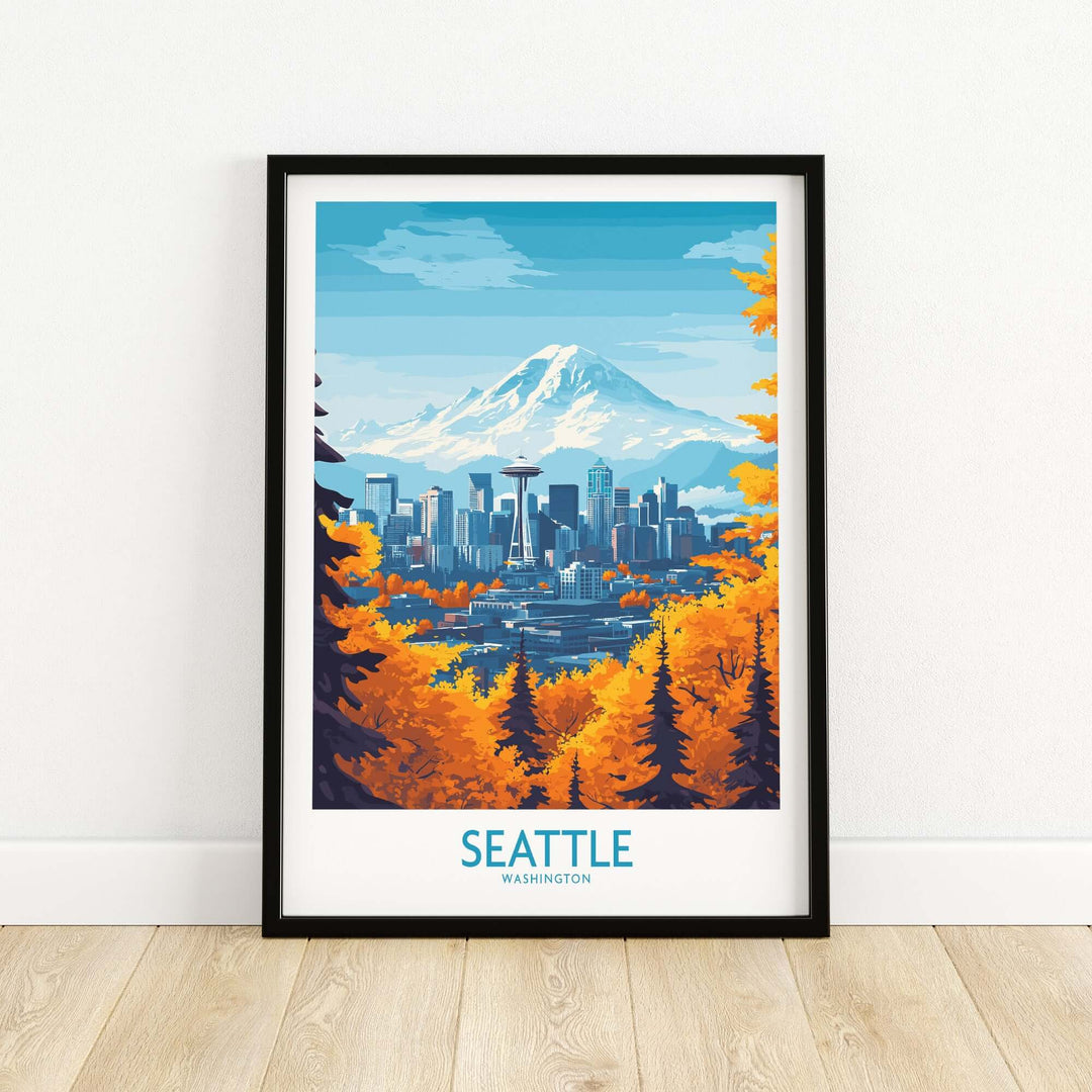 Seattle Prints poster art featuring iconic landmarks and Mount Rainier, perfect for home decor.