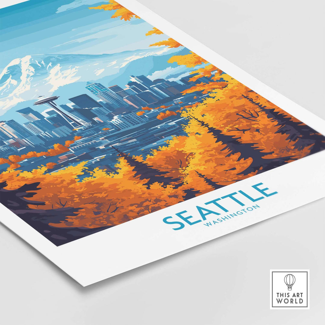 Seattle poster art featuring iconic skyline and vibrant autumn foliage, celebrating Washington's landmarks.