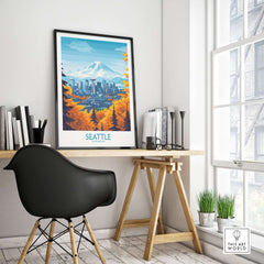 Seattle Prints - Washington Landmark Poster Art displayed in a modern home office with a sleek black chair.