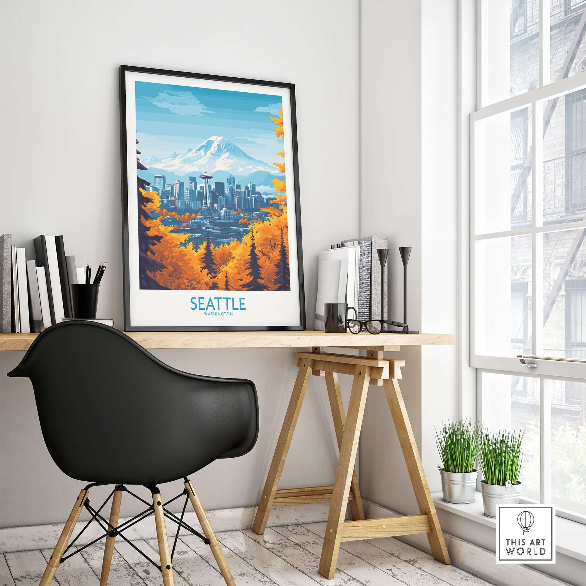 Seattle Prints - Washington Landmark Poster Art displayed in a modern home office with a sleek black chair.