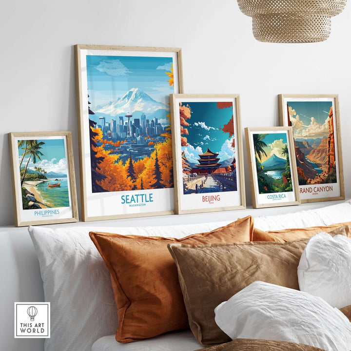 Framed Seattle Prints among other travel art posters showcasing iconic landmarks and scenic views.