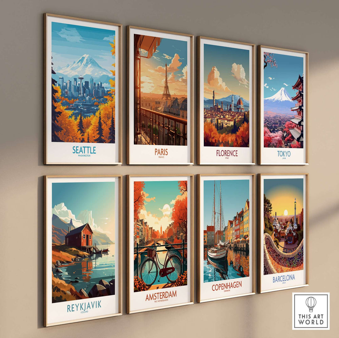 Collection of iconic city posters including Seattle, Paris, Florence, Tokyo, Reykjavik, Amsterdam, Copenhagen, and Barcelona.