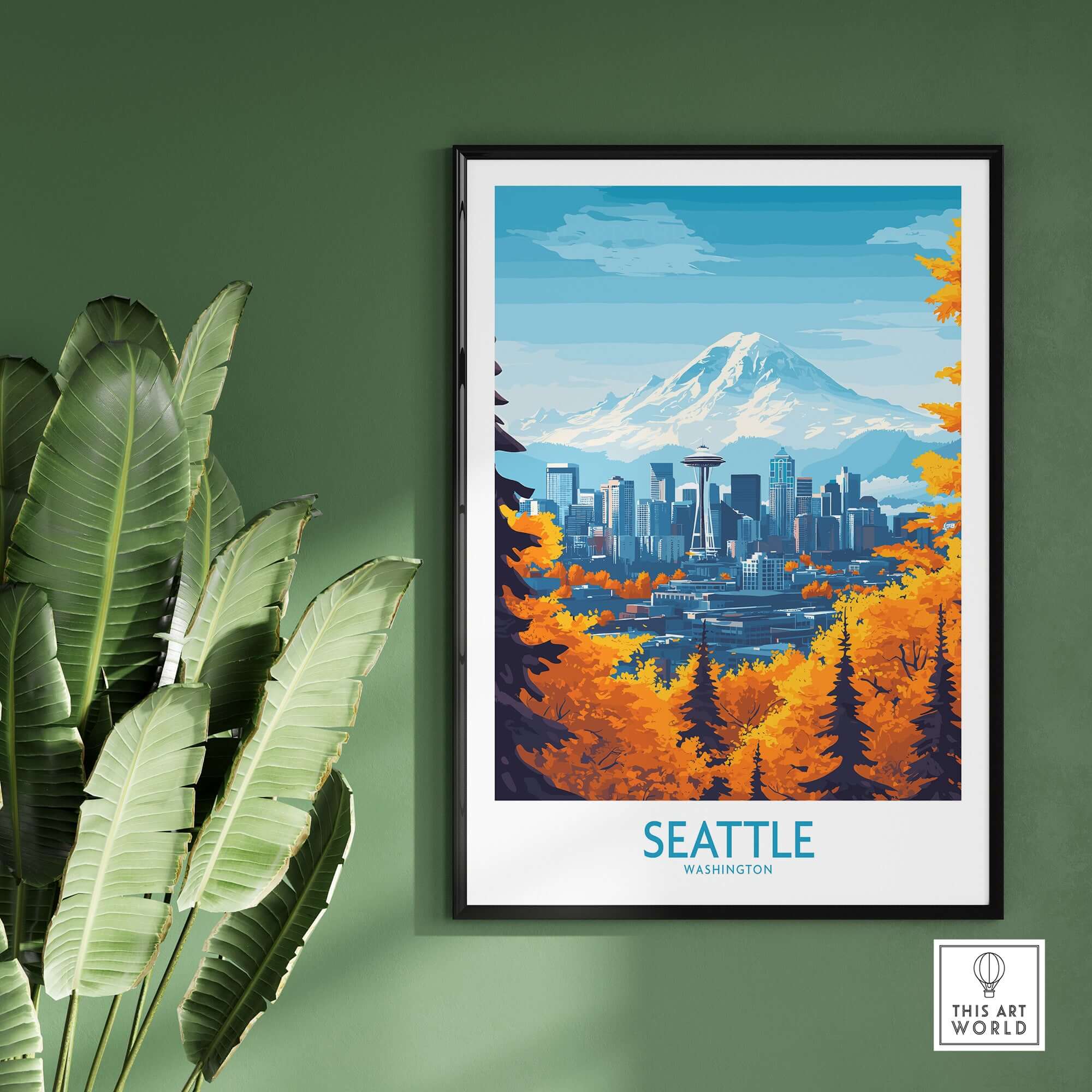 Seattle Prints - Washington Landmark Poster Art showcasing Seattle's skyline and mountains in vibrant colors.