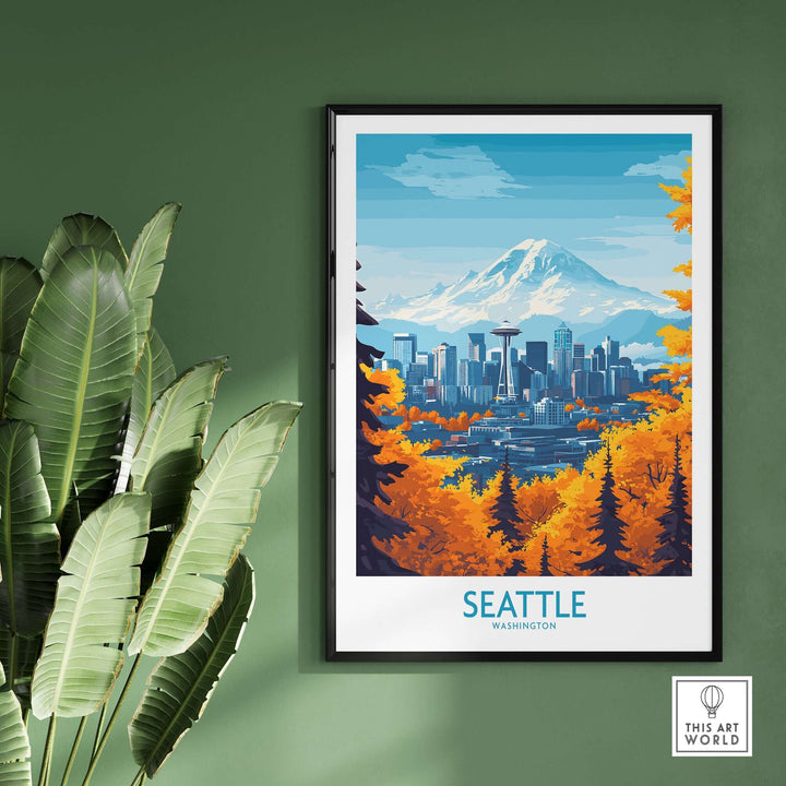 Seattle landmark poster art featuring the Space Needle and Mount Rainier, vibrant colors on a green wall.