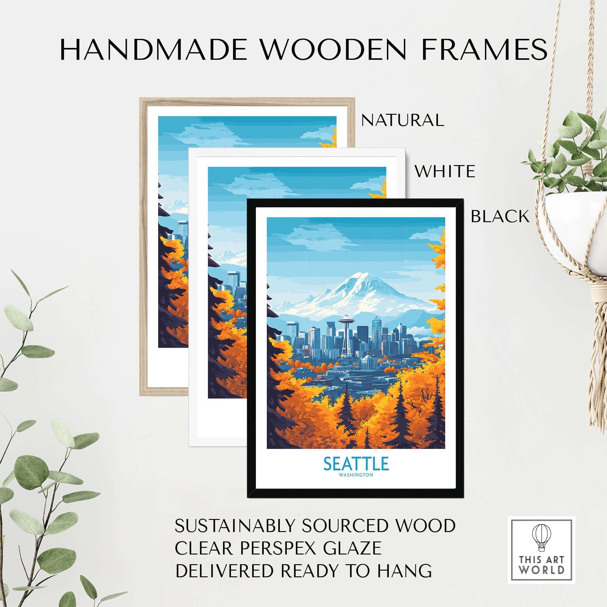 Seattle Prints - Washington Landmark Poster Art displayed in handmade wooden frames in natural, white, and black finishes.