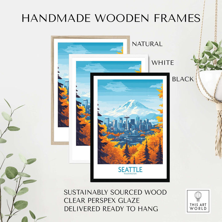 Handmade wooden frames in natural, white, and black for Seattle Prints, featuring stunning artwork and ready to hang.