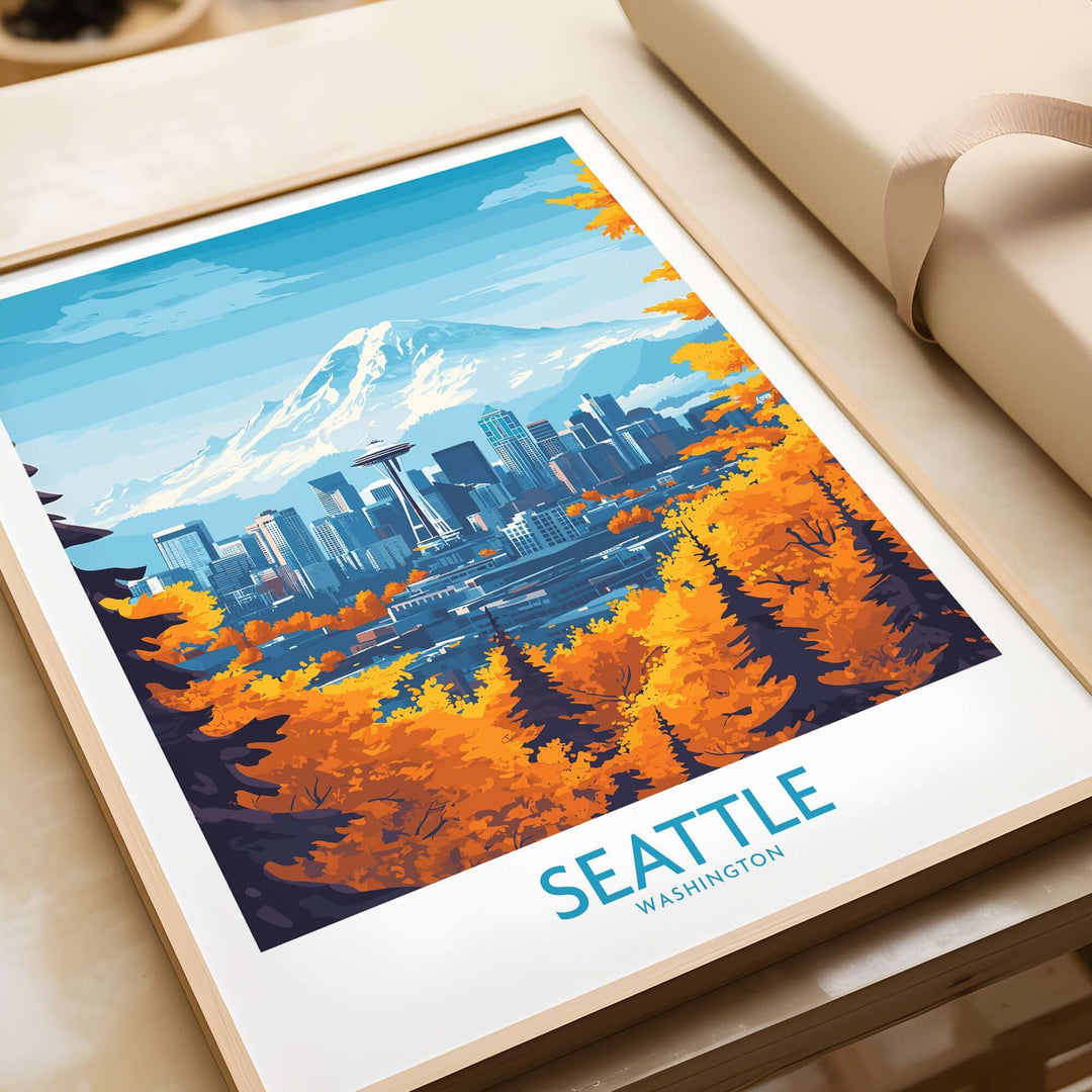 Stunning Seattle Prints poster featuring iconic landmarks, vibrant autumn colors, and Mount Rainier in the background.