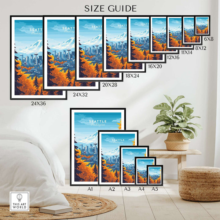 Size guide for Seattle Skyline Wall Art featuring Space Needle travel poster in various frame sizes.