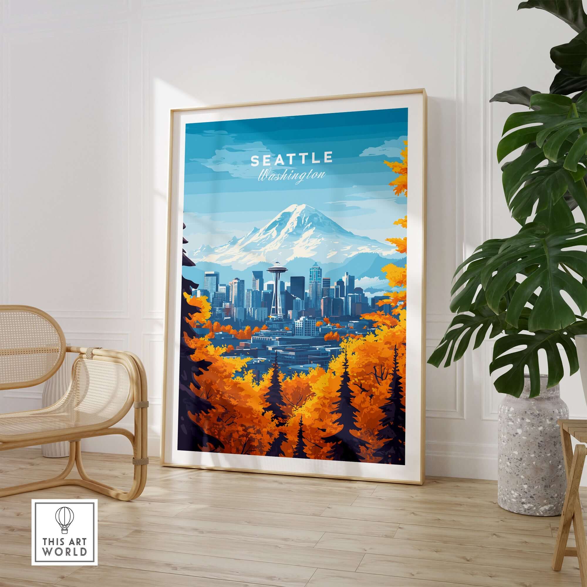 Seattle Skyline Wall Art - Space Needle Travel Poster showcasing the stunning cityscape with Mount Rainier.