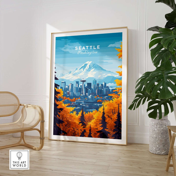 Seattle Skyline wall art featuring the Space Needle and Mount Rainier in autumn colors, perfect for home decor.