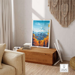 Seattle Skyline Wall Art - Space Needle Travel Poster displayed in a cozy living room with autumn colors.
