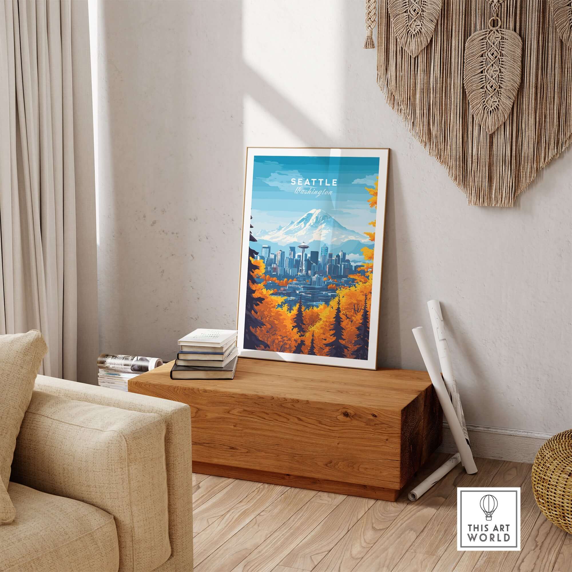 Seattle Skyline Wall Art - Space Needle Travel Poster displayed in a cozy living room with autumn colors.