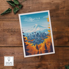 Seattle Skyline Wall Art - Space Needle Travel Poster featuring a vibrant cityscape and Mount Rainier backdrop.