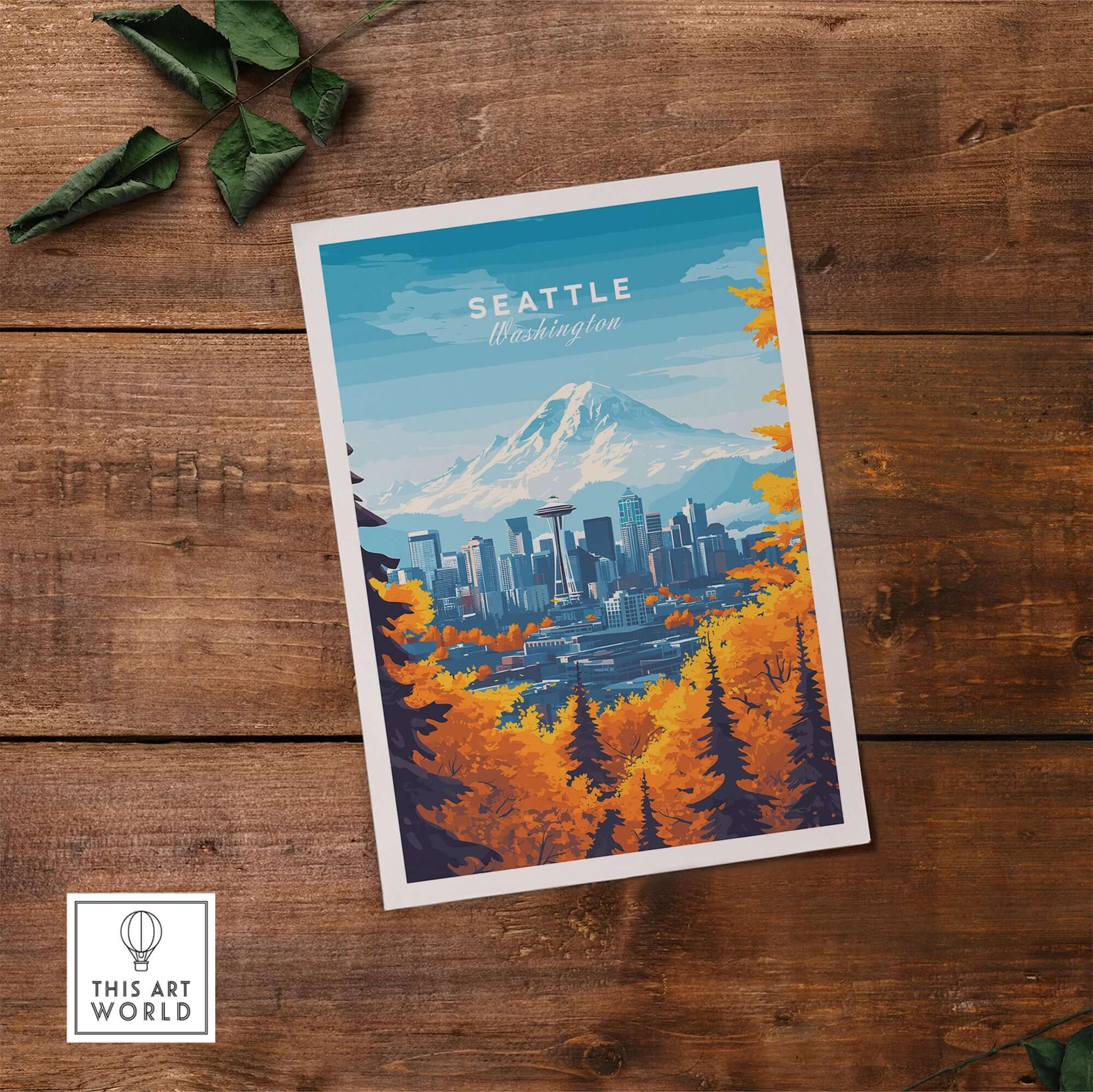 Seattle Skyline Wall Art - Space Needle Travel Poster featuring a vibrant cityscape and Mount Rainier backdrop.