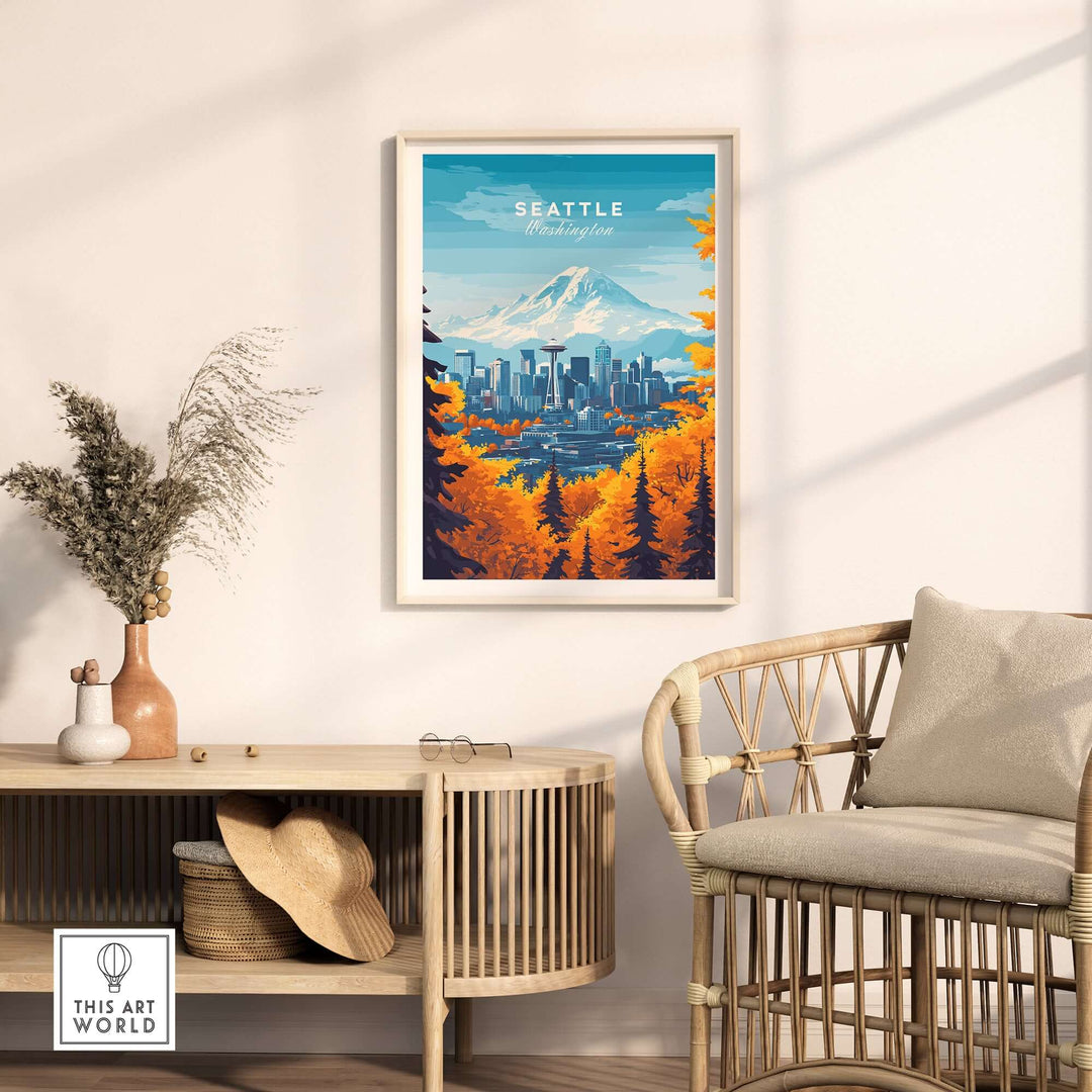 Seattle skyline wall art with Space Needle and Mount Rainier, framed and displayed in a stylish home setting.