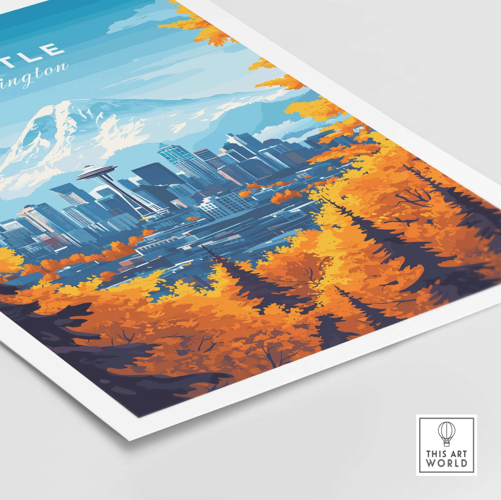 Seattle Skyline Wall Art - Space Needle Travel Poster showcasing vibrant fall colors and the iconic city skyline.
