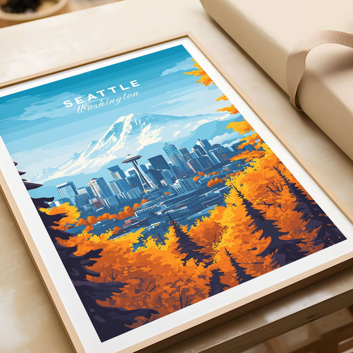 Seattle skyline wall art featuring the Space Needle with vibrant autumn trees and Mount Rainier in the background.