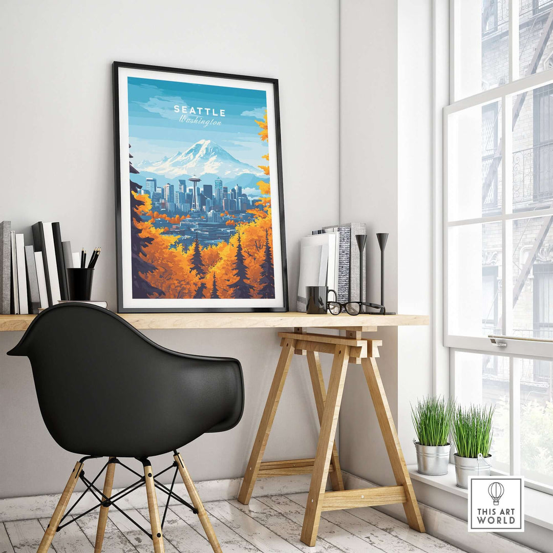 Seattle skyline wall art with Space Needle and Mount Rainier in a stylish office setting.