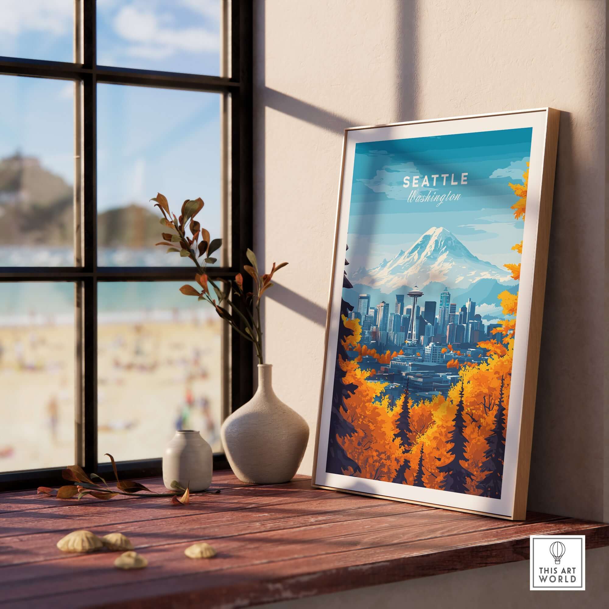 Seattle Skyline Wall Art - Space Needle Travel Poster displayed in a sunny room with a view of the ocean and autumn trees.