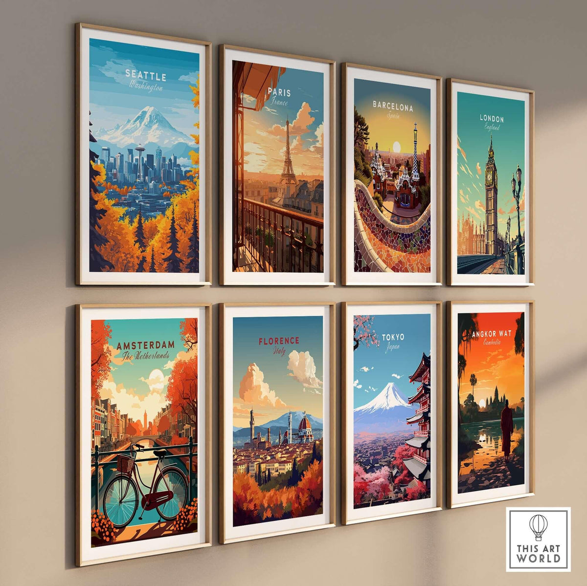 Seattle Skyline Wall Art - Space Needle Travel Poster collection featuring vibrant cityscape prints.