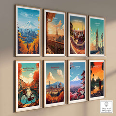 Seattle Skyline Wall Art - Space Needle Travel Poster collection featuring vibrant cityscape prints.
