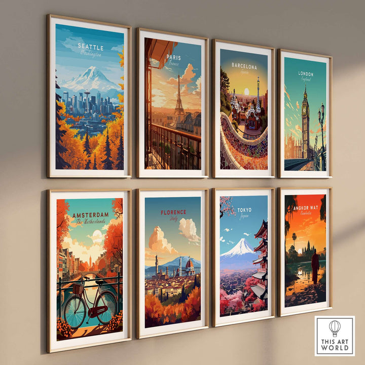 Wall art collection featuring travel posters of Seattle, Paris, Barcelona, London, Amsterdam, Florence, Tokyo, and more.