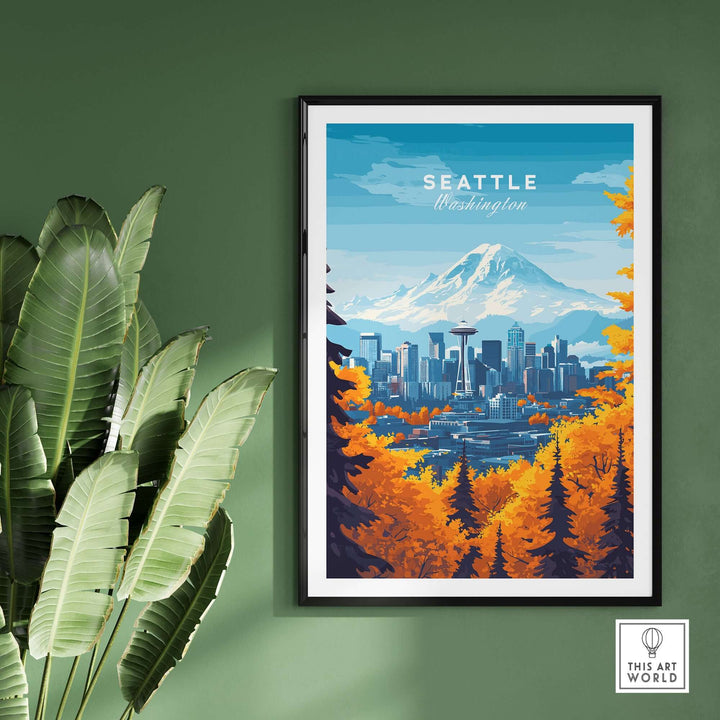 Seattle skyline wall art featuring the iconic Space Needle and Mount Rainier, surrounded by vibrant fall foliage.