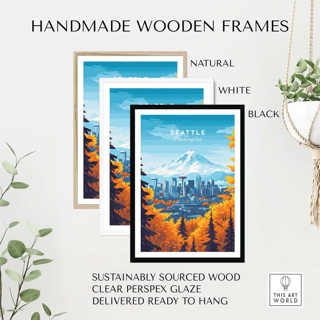 Handmade wooden frames for Seattle Skyline wall art in natural, white, and black finishes, featuring a clear perspex glaze.