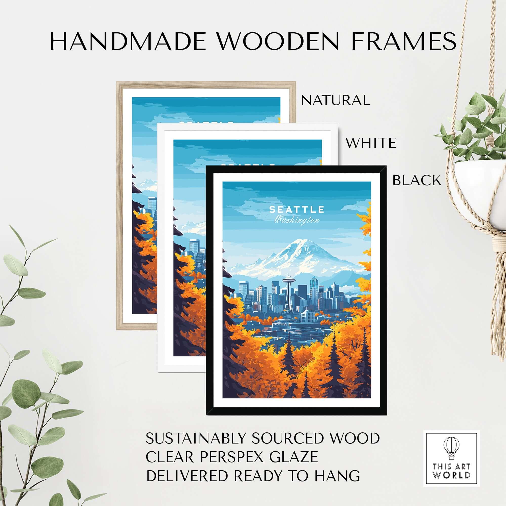 Handmade wooden frames in natural, white, and black for Seattle Skyline Wall Art - Space Needle Travel Poster.