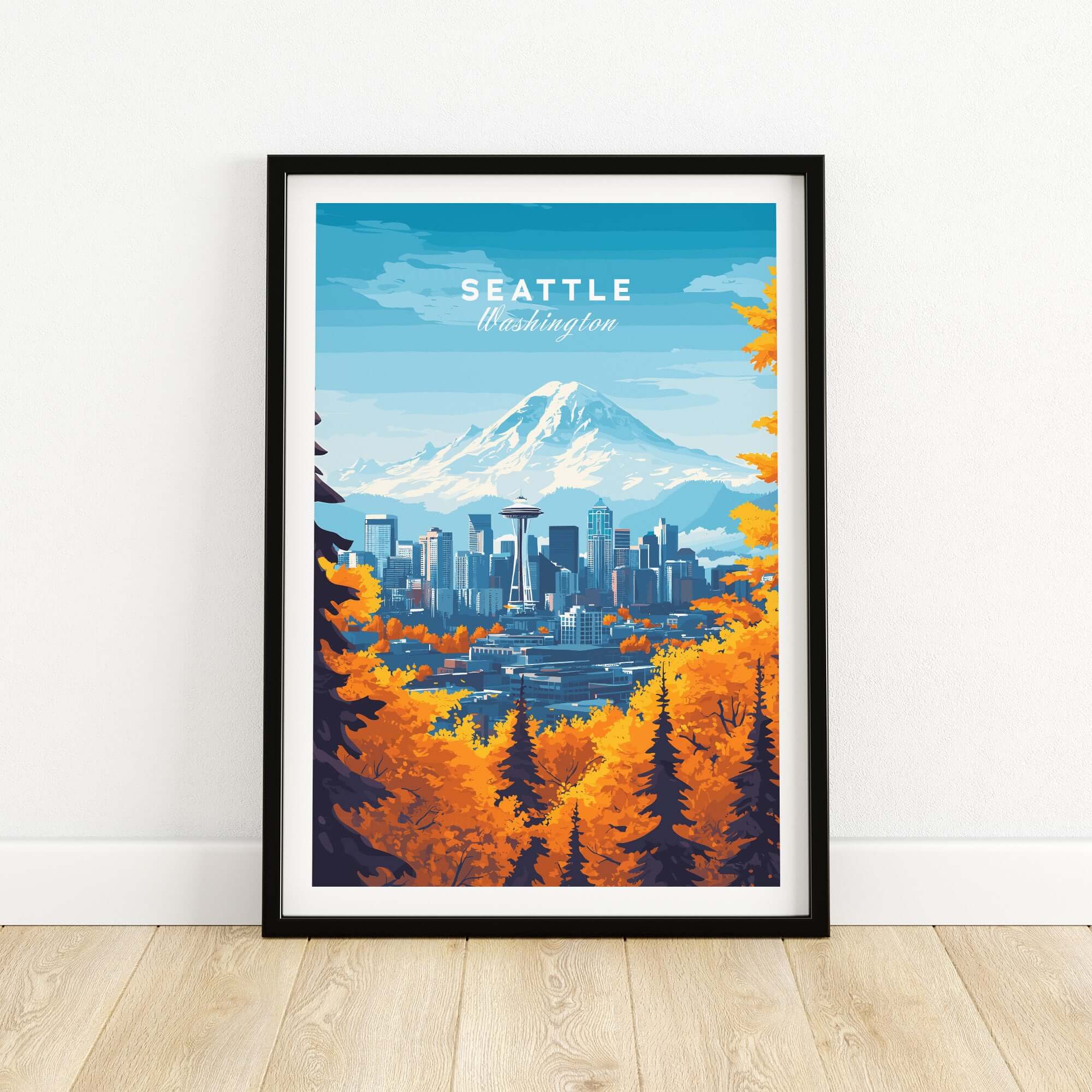 Seattle Skyline Wall Art - Space Needle Travel Poster featuring a vibrant cityscape and Mount Rainier.