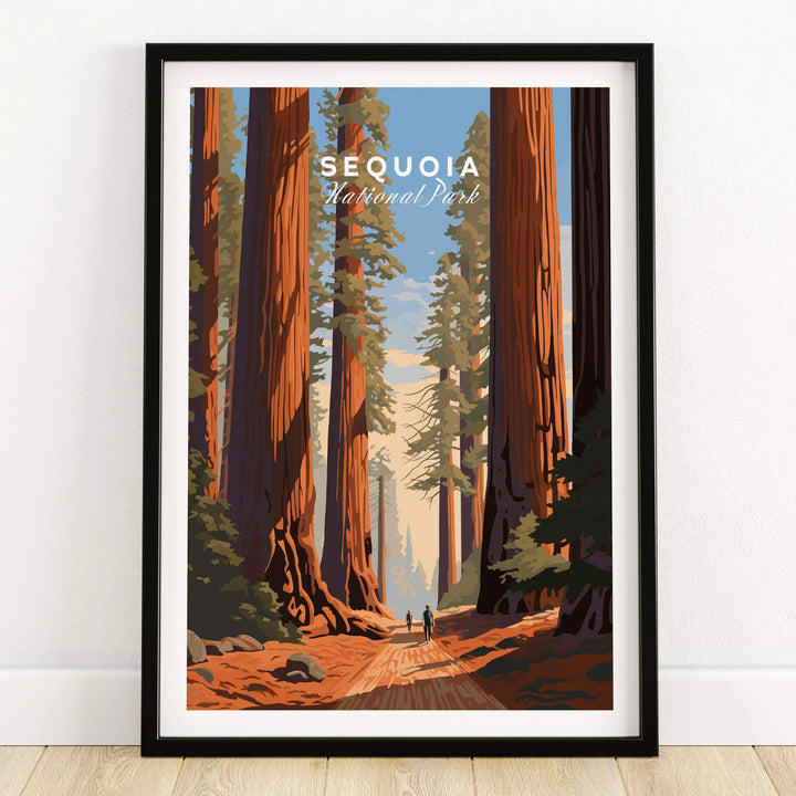 Sequoia Poster | National Park framed art print showcasing towering sequoia trees and hikers in a beautiful landscape.