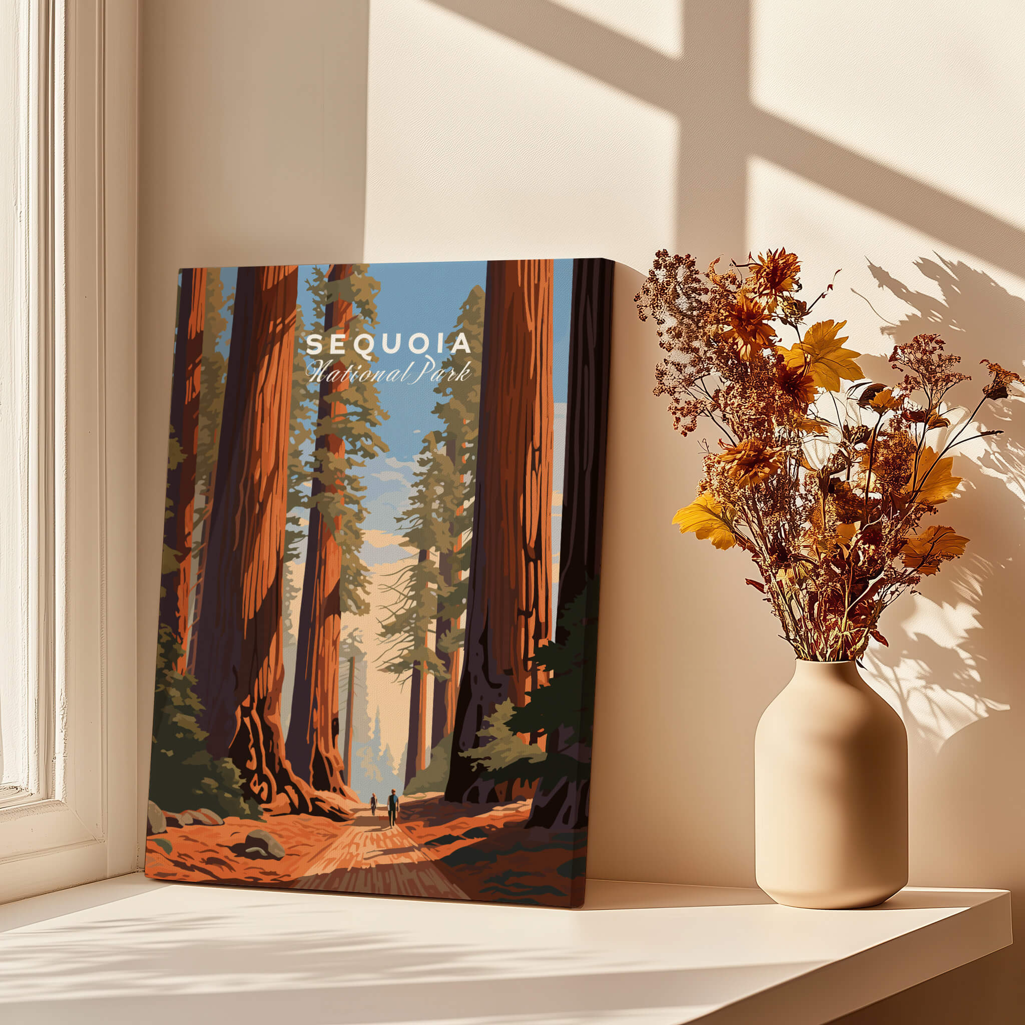Sequoia Poster | National Park featuring towering sequoia trees and hikers in a sunlit forest.