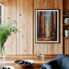 Sequoia Poster | National Park displayed on a wooden wall with greenery and dining setup, showcasing California's nature.