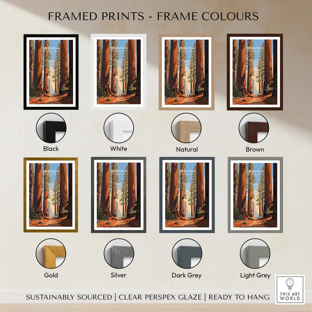 Sequoia Poster | National Park framed print color options including black, white, natural, brown, gold, silver, dark grey, light grey.