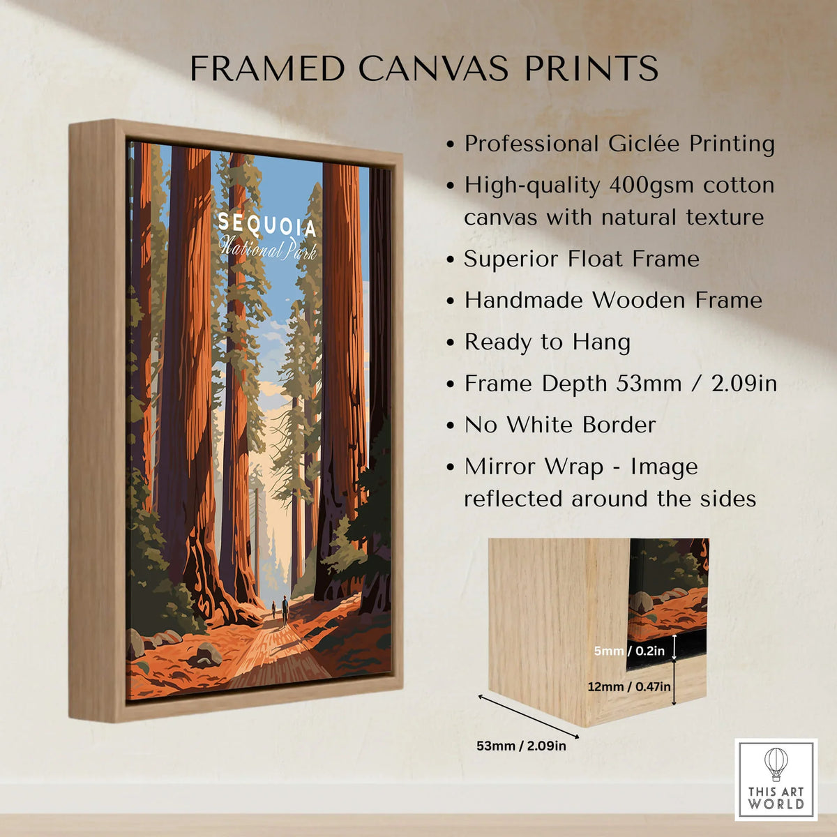 Framed canvas print of Sequoia Poster | National Park featuring tall trees and nature scenery.