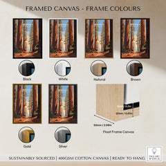 Framed canvas options for Sequoia Poster | National Park with various frame colors including black, white, natural, brown, gold, and silver.