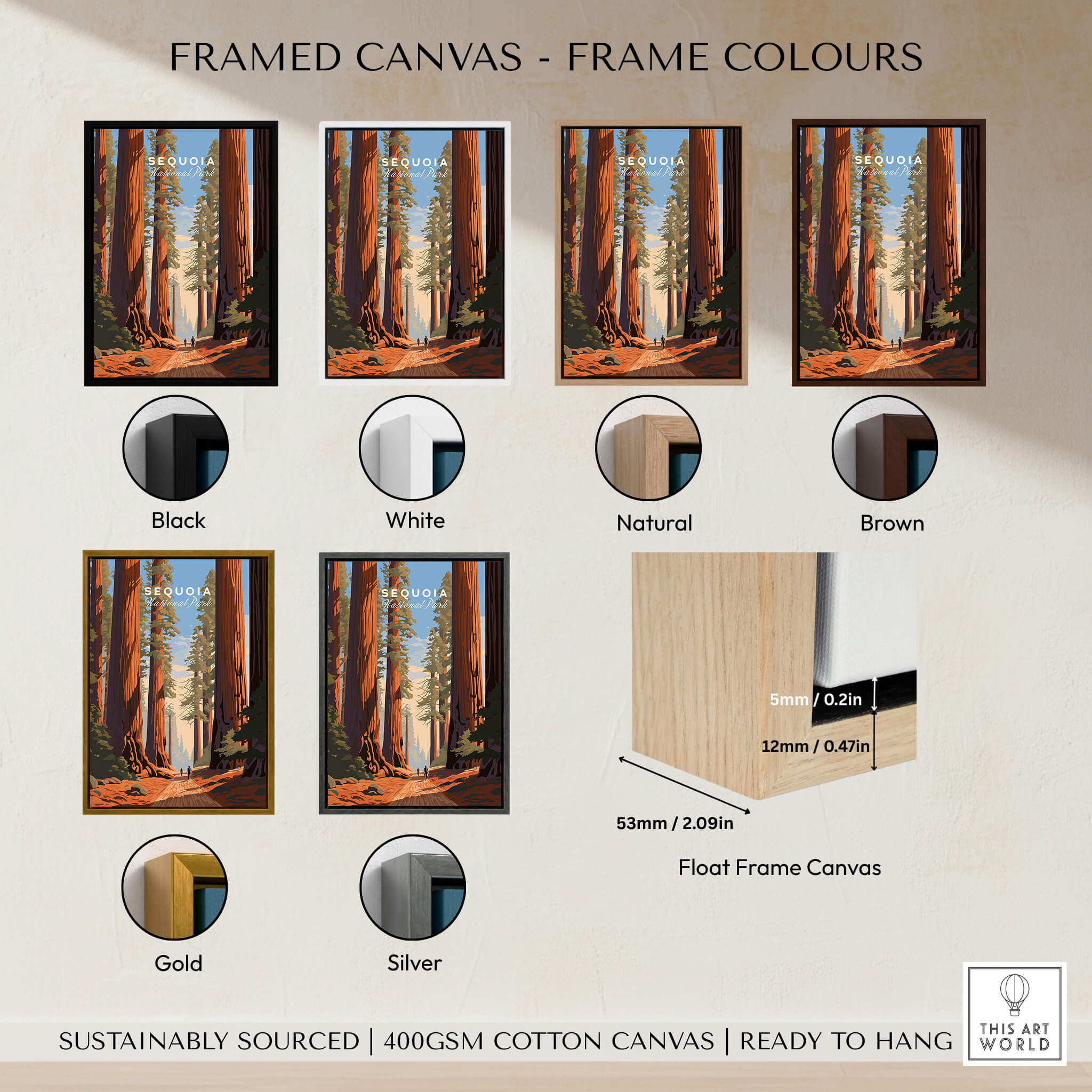 Framed canvas options for Sequoia Poster | National Park with various frame colors including black, white, natural, brown, gold, and silver.